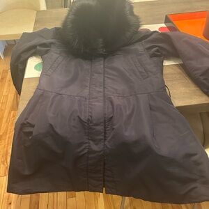 Prada 2007 navy long sleeve jacket featuring fox fur hood